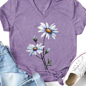 Womens Flower Print Casual Letter Short Sleeve T-Shirt, color:Purple|size:3XL, Lilicloth.com