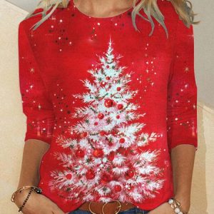 Women's White Christmas Tree On Red Casual Crew Neck Long Sleeve T-shirt, Long sleeves, Lilicloth.com