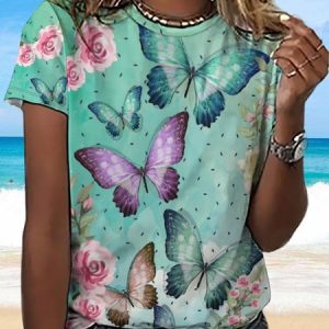 Women's Butterfly Casual T-Shirt, color:Green|size:3XL, Lilicloth.com