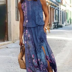 Crew Neck Casual Nationality/Ethnic Loose Dress, Dresses, color:Blue|size:XXL, JustFashionNow