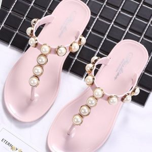 Summer Vacation Pearl Buckle Jelly Beach Slippers, Slippers, color:Pink|size:41, JustFashionNow