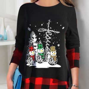Women's Long Sleeve Faux Two Piece Tunic Tops Christmas Snowman Printed, Tops, color:Black|size:XXL, JustFashionNow