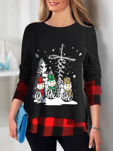 Women's Long Sleeve Faux Two Piece Tunic Tops Christmas Snowman Printed, Tops, color:Black|size:XXL, JustFashionNow