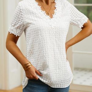Lace V Neck Simple Plain T-Shirt, T-Shirts, color:White|size:XXL, JustFashionNow