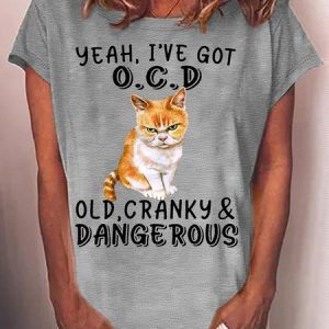 Women's Yeah, I've Got O.C.D Casual Crew Neck T-Shirt, color:Gray|size:3XL, Lilicloth.com
