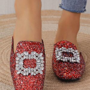 Rhinestone Buckle Decor Square Toe Glittle Mules, Flats, color:Red|size:42, JustFashionNow
