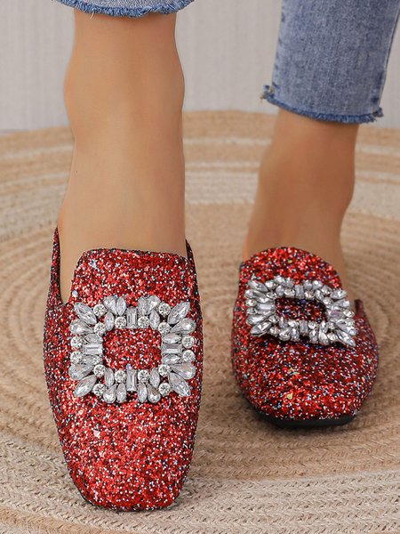 Rhinestone Buckle Decor Square Toe Glittle Mules, Flats, color:Red|size:42, JustFashionNow