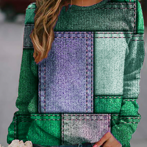 JFN Crew Neck Color Block Long Sleeve Casual Geometric Print Sweatshirt, Sweatshirts & Hoodies, color:Green|size:XXL, JustFashionNow