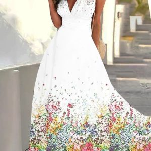 Women Casual Floral V Neck Natural Micro-Elasticity Loose Maxi Dress, Maxi, color:White|size:XXL, catalog Noracora shop