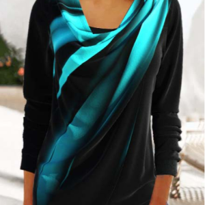 V Neck Casual Fake 2in1 Ombre Cyan Draped Neck Top, Shirts & Blouses, color:Black|size:XXL, JustFashionNow