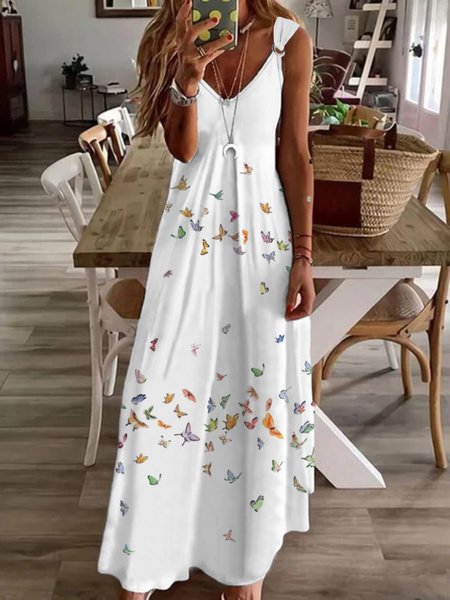 Plus Size Casual Butterfly Sleeveless V Neck Printed Dress, Dresses, color:White|size:4X, JustFashionNow