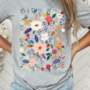 Women‘s Flower Cotton Crew Neck Floral Simple T-Shirt, color:Light Gray|size:3XL, Lilicloth.com
