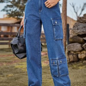 Women's Casual Denim Multi-Pocket Jeans Cargo Pants Western Vintage Clothing, Jeans, color:Deep Blue|size:XXL, JustFashionNow