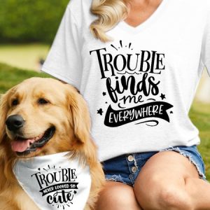 Women's Funny Word Trouble Finds Me Everywhere Text Letters Cotton-Blend  Matching T-Shirt, color:White|size:3XL, Lilicloth.com
