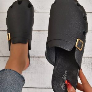 Women Buckle Decor Hollow Out Waterproof PVC Mules, Flats, color:Black|size:41, JustFashionNow