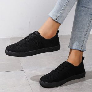 Casual Plain Lace-Up Flat Heel Fly Woven Shoes, Sneakers&Athletic, color:Black|size:43, Noracora