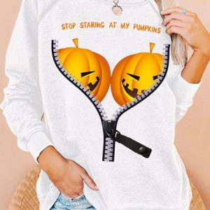 Womens Halloween Costume Pumpkin Funny BOObs Print Crew Neck Sweatshirt, color:White|size:3XL, Lilicloth.com