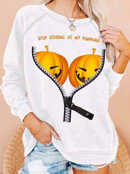 Womens Halloween Costume Pumpkin Funny BOObs Print Crew Neck Sweatshirt, color:White|size:3XL, Lilicloth.com