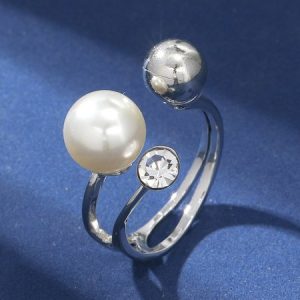 Elegant Rhinestone Imitation Pearl Adjustable Ring, Rings, color:As Picture|size:One-size, JustFashionNow