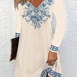 Women Floral V Neck Long Sleeve Comfy Casual Short Dress, Short, color:Apricot|size:3XL, Noracora
