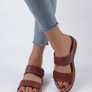 Casual Plain Hook And Loop Flat Heel Slide Sandals, Sandals, color:Brown|size:43, Noracora