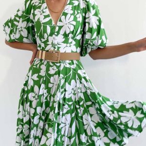 V Neck Vacation  Half Sleeve Floral Dress, Mini Dresses, color:Green|size:XXL, Stylewe