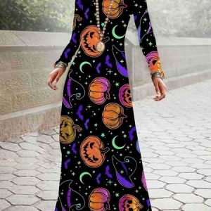 Women Halloween Crew Neck Long Sleeve Comfy Casual Maxi Dress, Maxi, color:Black-Orange|size:5XL, Noracora