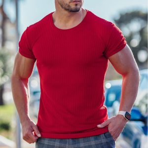 Men's Fitness Casual Round Neck Elastic Stripe Short Sleeve T-shirt, T-Shirts, , COTOSEN, Apparel Online, Cheap Clothes, Buy Now