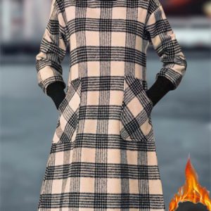 Women Plaid Turtleneck Long Sleeve Comfy Casual Midi Dress, Dresses, color:Apricot|size:5XL, Noracora