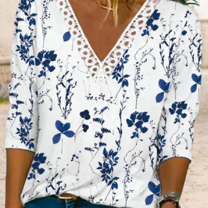 Floral Regular Fit Casual V Neck T-Shirt, Blouses, color:White|size:XXL, catalog Noracora shop