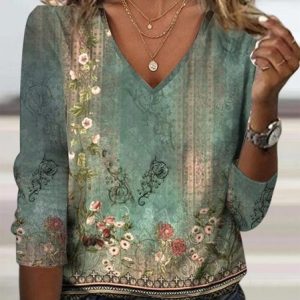 Knitted Casual Loose V Neck T-Shirt, color:Green|size:XXL, Lilicloth.com