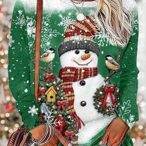 Crew Neck Loose Christmas Snowman Casual T-Shirt, T-Shirts, color:Green|size:XXL, JustFashionNow