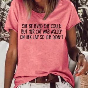 Women's Funny Cat She Believed She Could But Her Cat Was Asleep On Her Lap So She Didn't Graphic Printing Loose Cat Casual T-Shirt, color:Red|size:3XL, Lilicloth.com