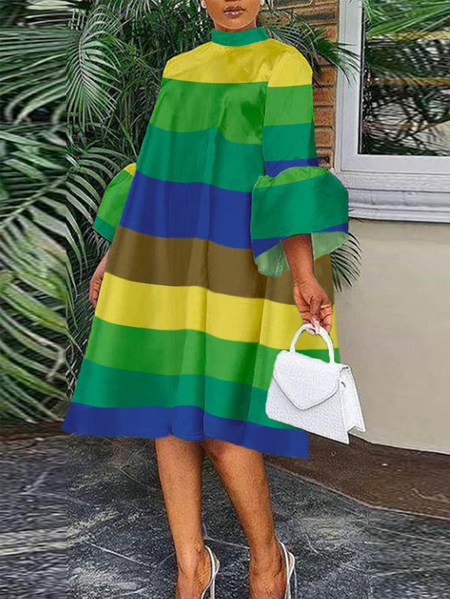 Plus Size Urban Striped Stand Collar Midi Dress With No Belt, Plus Dresses, color:Green|size:4X, Stylewe