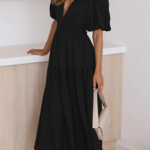 Women Plain V Neck Half Sleeve Comfy Casual Maxi Dress, Maxi, color:Black|size:XL, Noracora