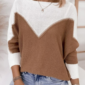 Contrast Panel Casual Loose Long Sleeve Sweater, Sweaters, color:Khaki|size:XXL, JustFashionNow
