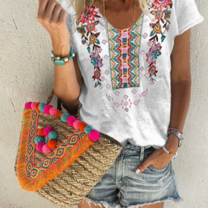 Floral Short Sleeve Cotton T-shirt, T-shirts, color:White|size:XXL, Noracora