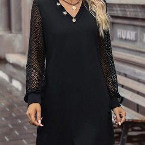 Women Casual Plain V neck Loose Short Dresses, Short, color:Black|size:XL, Noracora