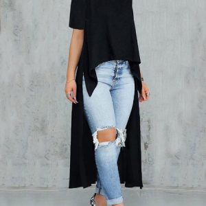 Loose Cold Shoulder Plain Urban Shirt, Blouses and Shirts, color:Black|size:XXL, Stylewe