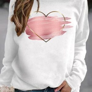 Casual Crew Neck Heart/Cordate Sweatshirt, Hoodies & Sweatshirts, color:White|size:3XL, Noracora