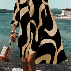 Abstract Shirt Collar Loose Casual Shirt Dress, Mini Dresses, color:Khaki|size:XXL, Stylewe