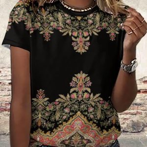 WomenвЂ™s Loose Random Print Simple Crew Neck T-Shirt, T-shirts, Lilicloth.com