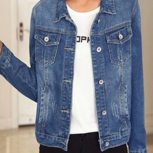 Plain Buckle Pockets Long Sleeve Casual Shawl Collar Denim Jacket, Jackets, color:Denim Blue|size:5XL, Noracora