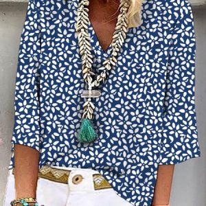 Women's Summer Casual Floral Three Quarter Sleeve V Neck Printed Top, Blouses, color:Blue|size:XXL, Noracora