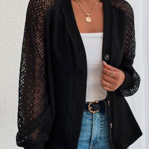 Casual Plain Lace V Neck Kimono, Cardigans, color:Black|size:XXL, JustFashionNow