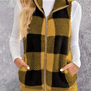 Casual Plaid Regular Fit Shawl Collar Vest, Vests & Gilets, color:Yellow|size:3XL, JustFashionNow