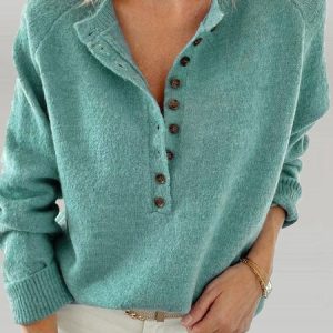 Crew Neck Casual Loose Buttoned Sweater, Sweaters, color:Blue|size:XXL, JustFashionNow
