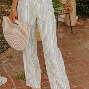 Vintage Striped Natural Long Pocket Stitching Wide Leg Pants, Pants, color:Stripe|size:XL, Noracora