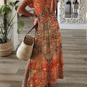 Vintage Ethnic V Neck Loose Dress, Maxi, color:Orange|size:XXL, catalog Noracora shop