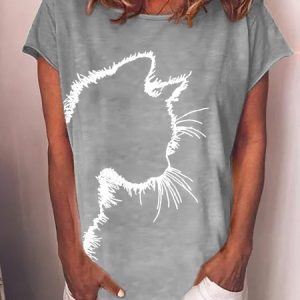 Women Casual Cotton-blend Crew Neck Cat Print Tee, T-shirts, color:Gray|size:3XL, Noracora